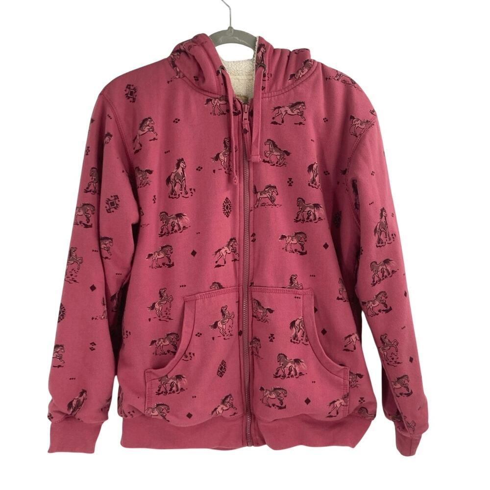 VTG Y2K Pink Horse Print Fleece Hooded Zip Soft Shell Coat Western Chore Large
